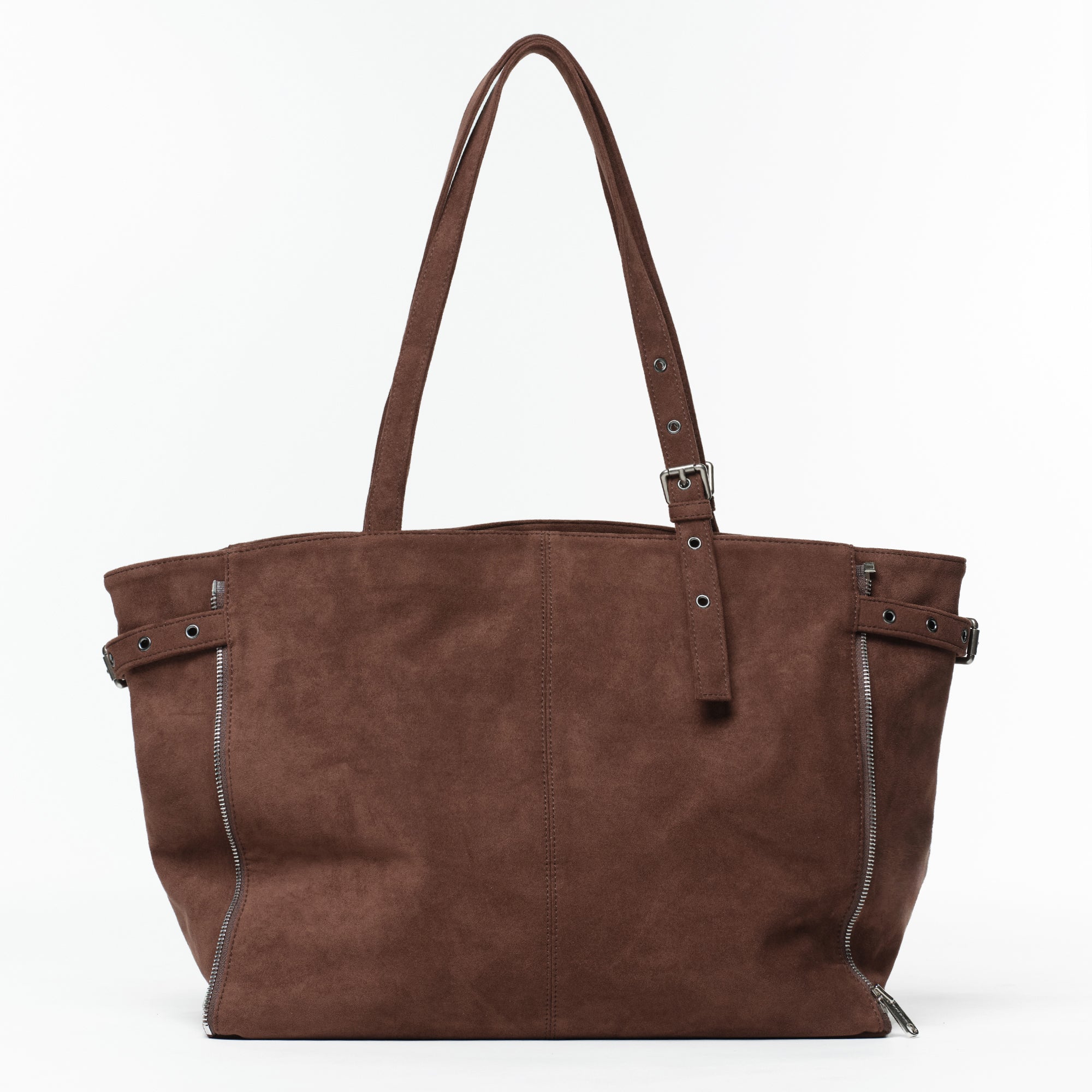 zipper shopper bag L suede brown