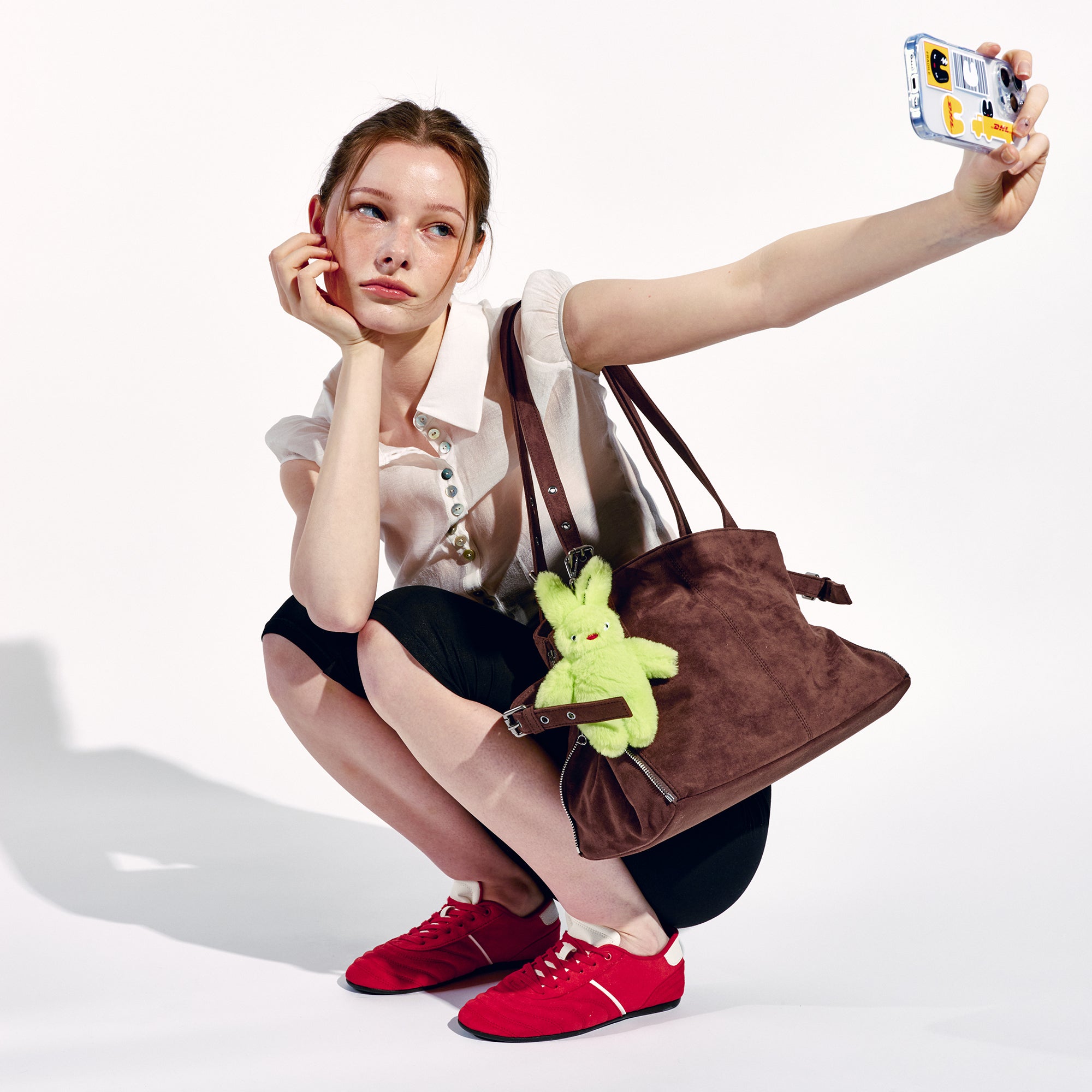 zipper shopper bag M suede brown