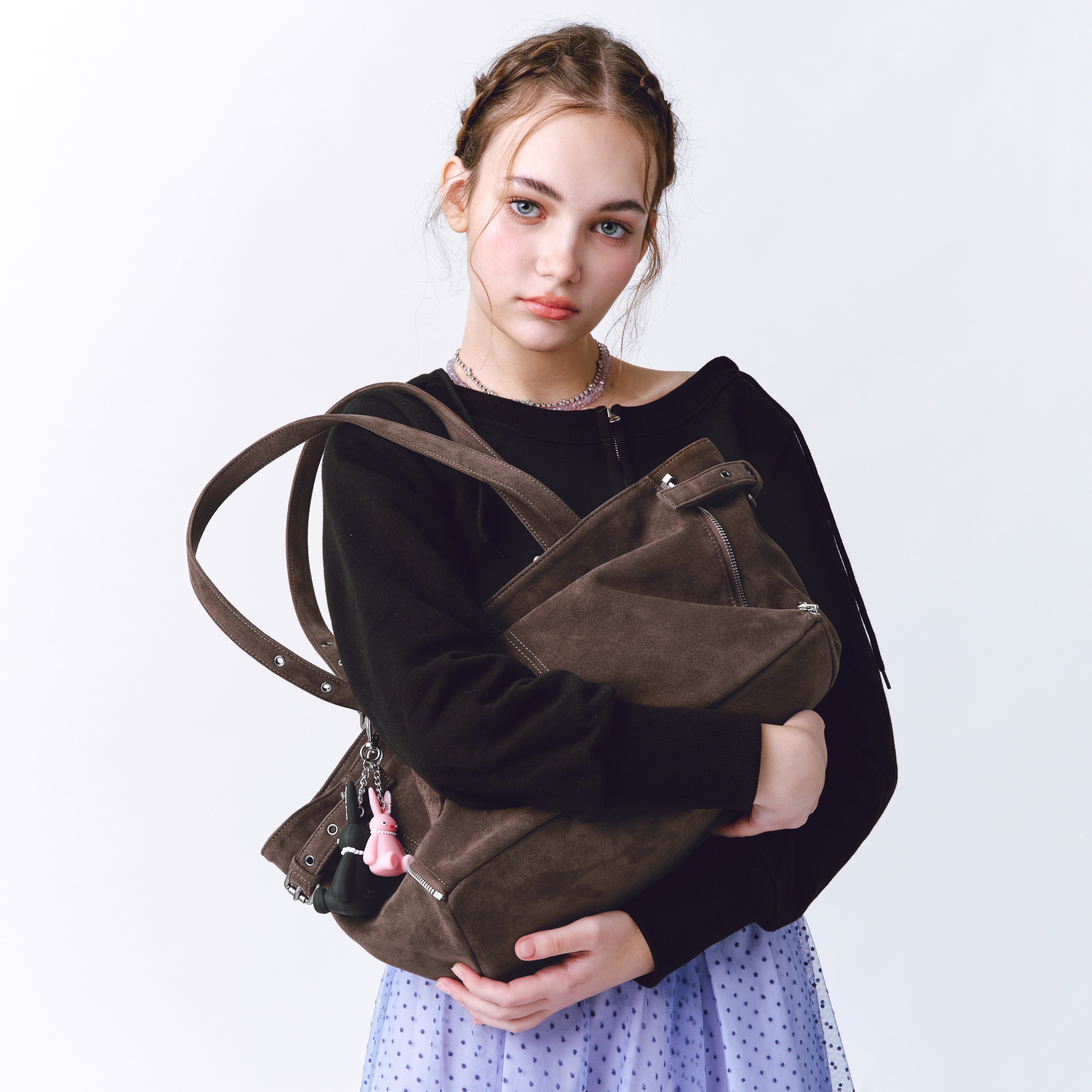 zipper shopper bag M suede khaki gray