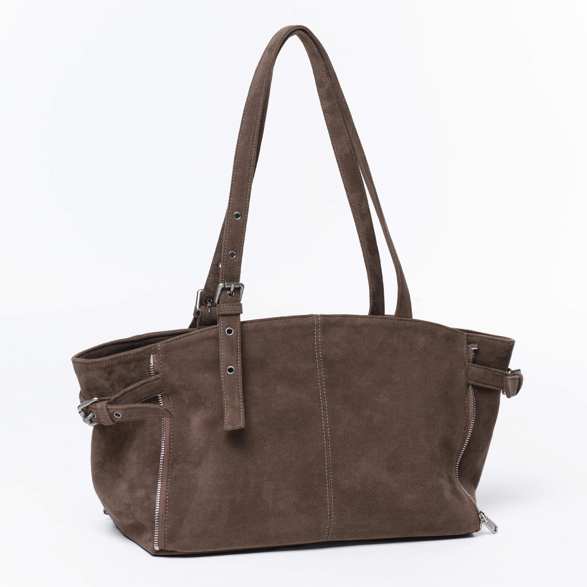 zipper shopper bag M suede khaki gray