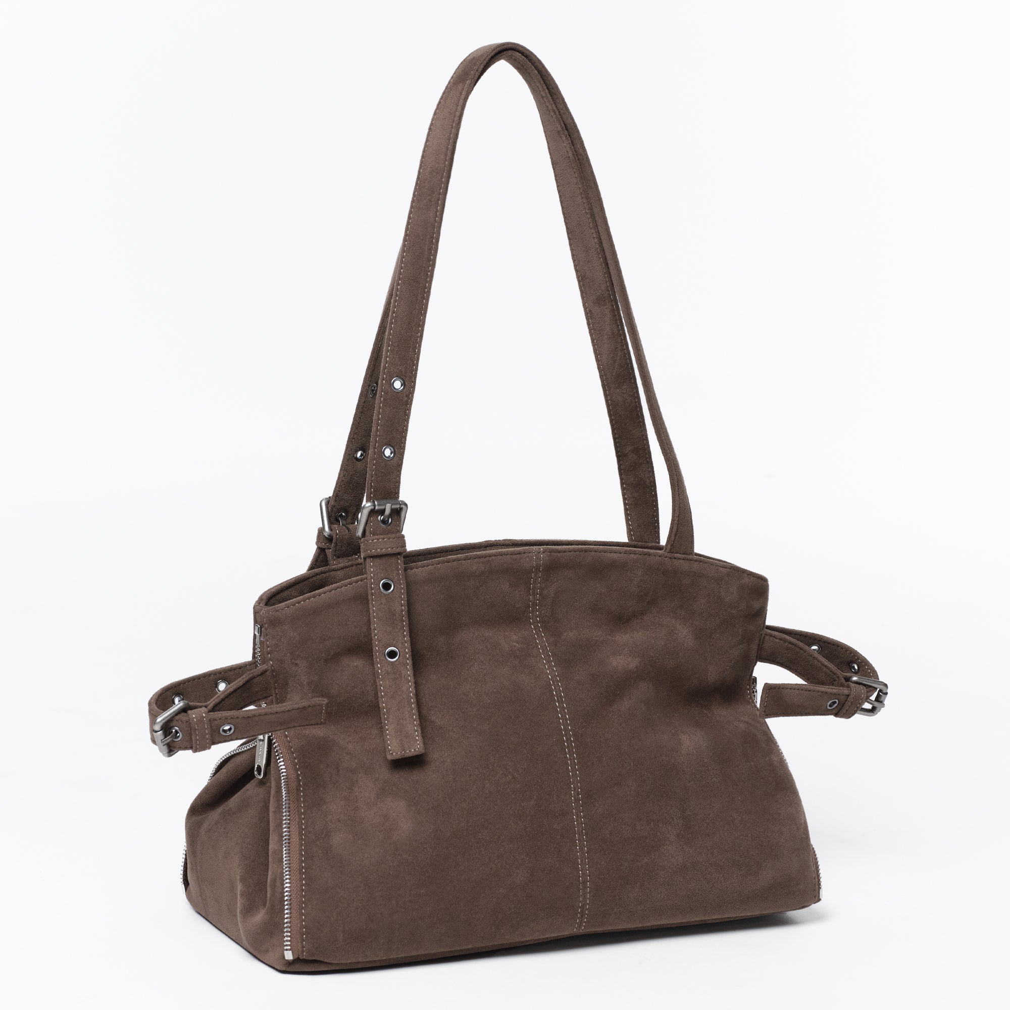 zipper shopper bag M suede khaki gray