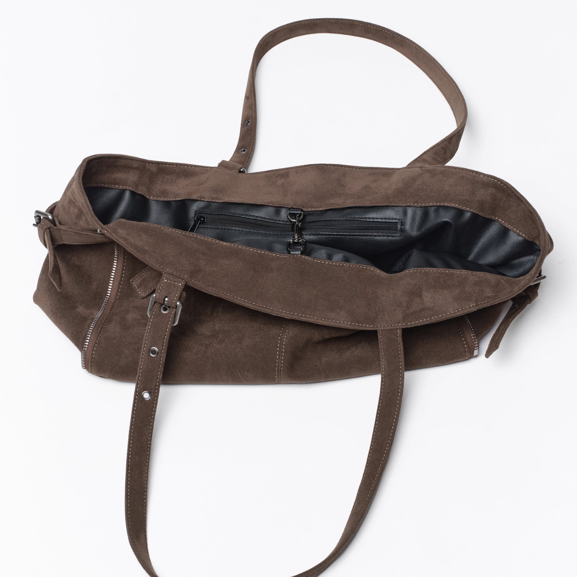 zipper shopper bag M suede khaki gray