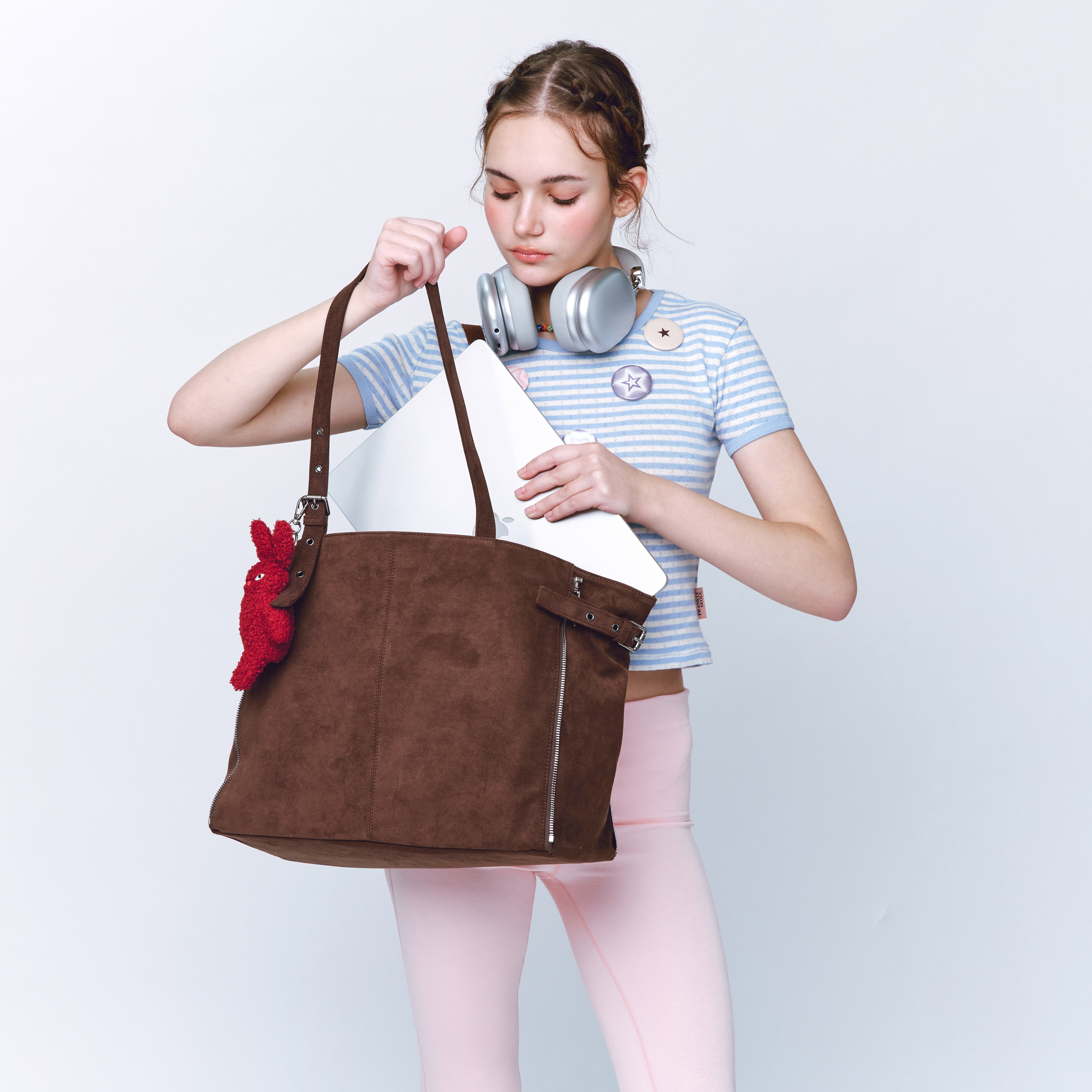 zipper shopper bag L suede brown