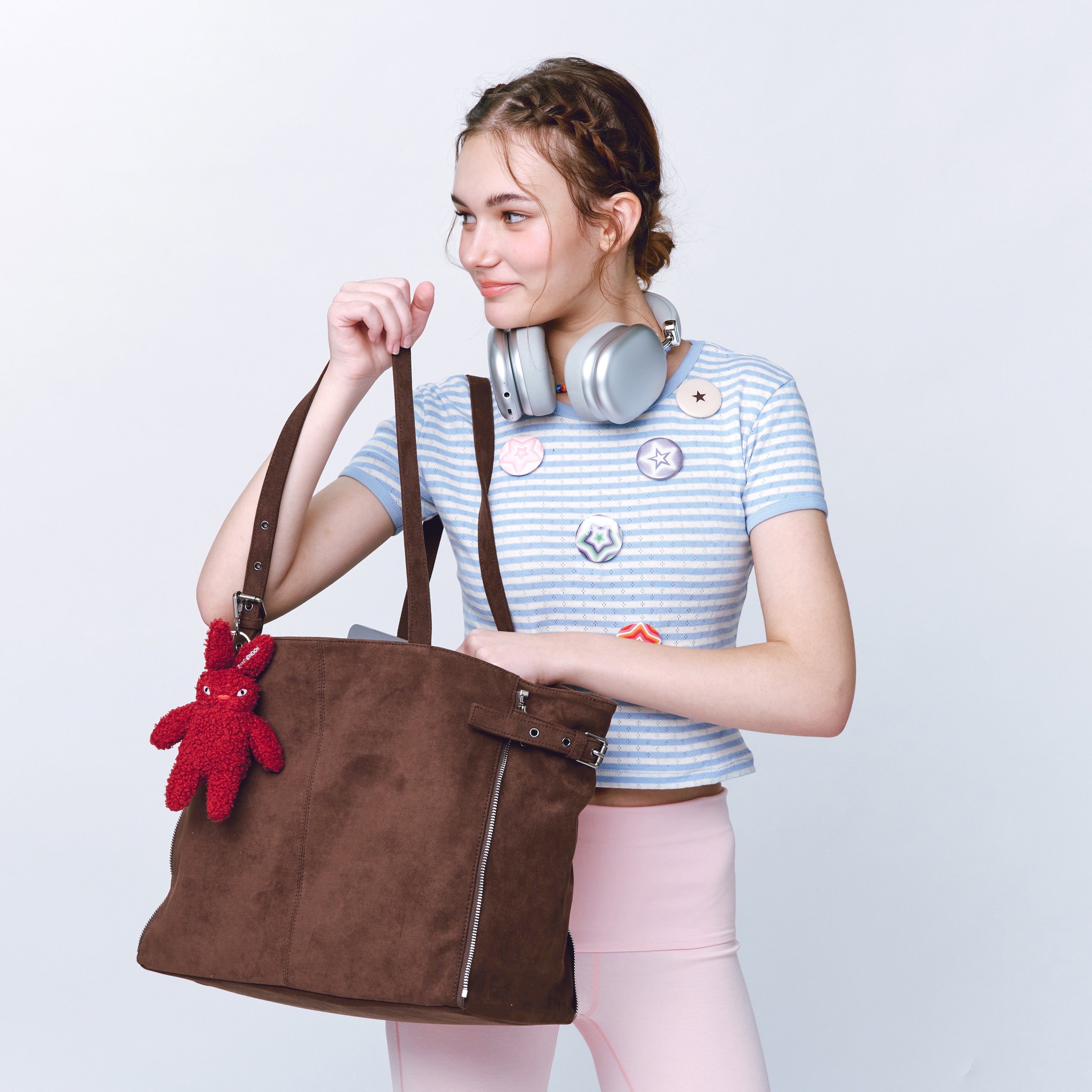 zipper shopper bag L suede brown