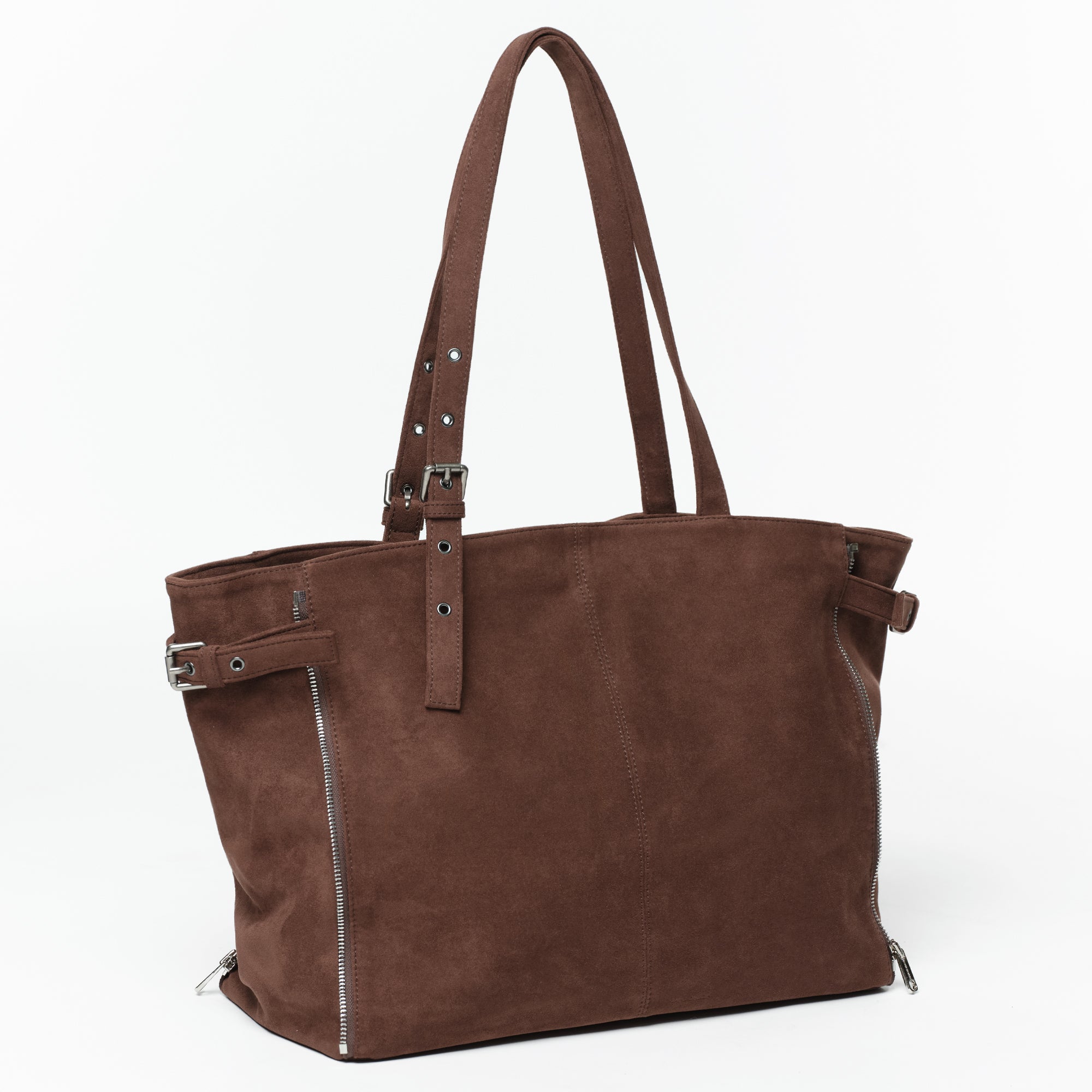 zipper shopper bag L suede brown