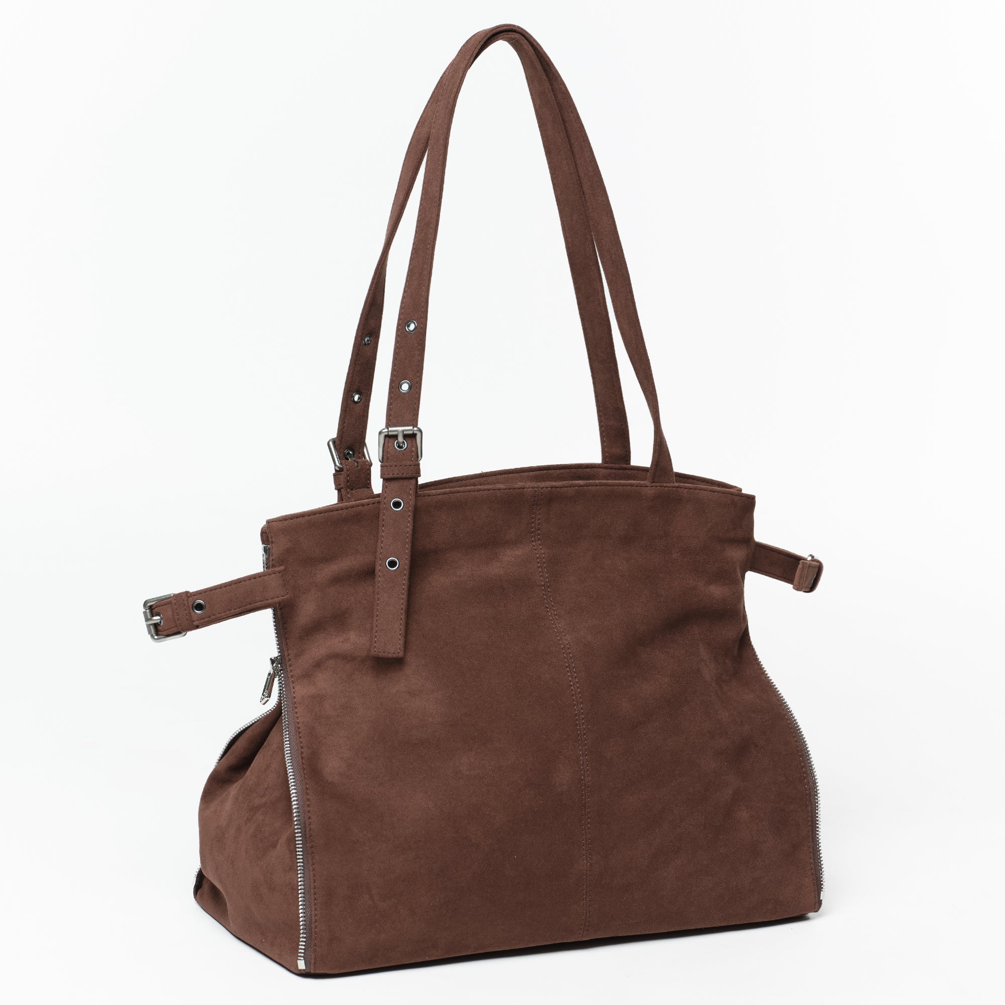 zipper shopper bag L suede brown