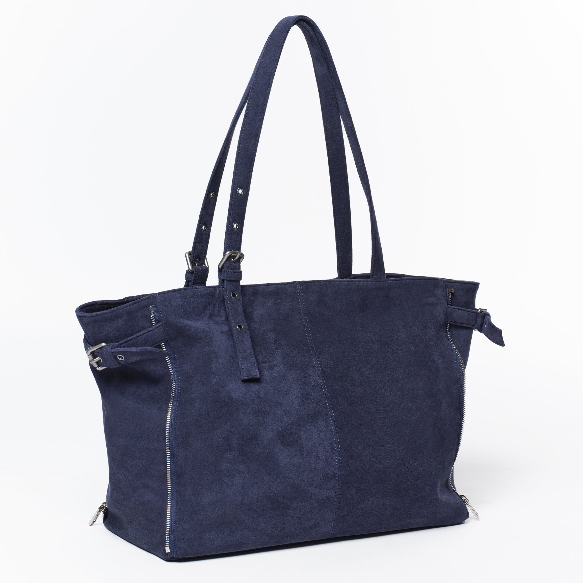 zipper shopper bag L suede navy