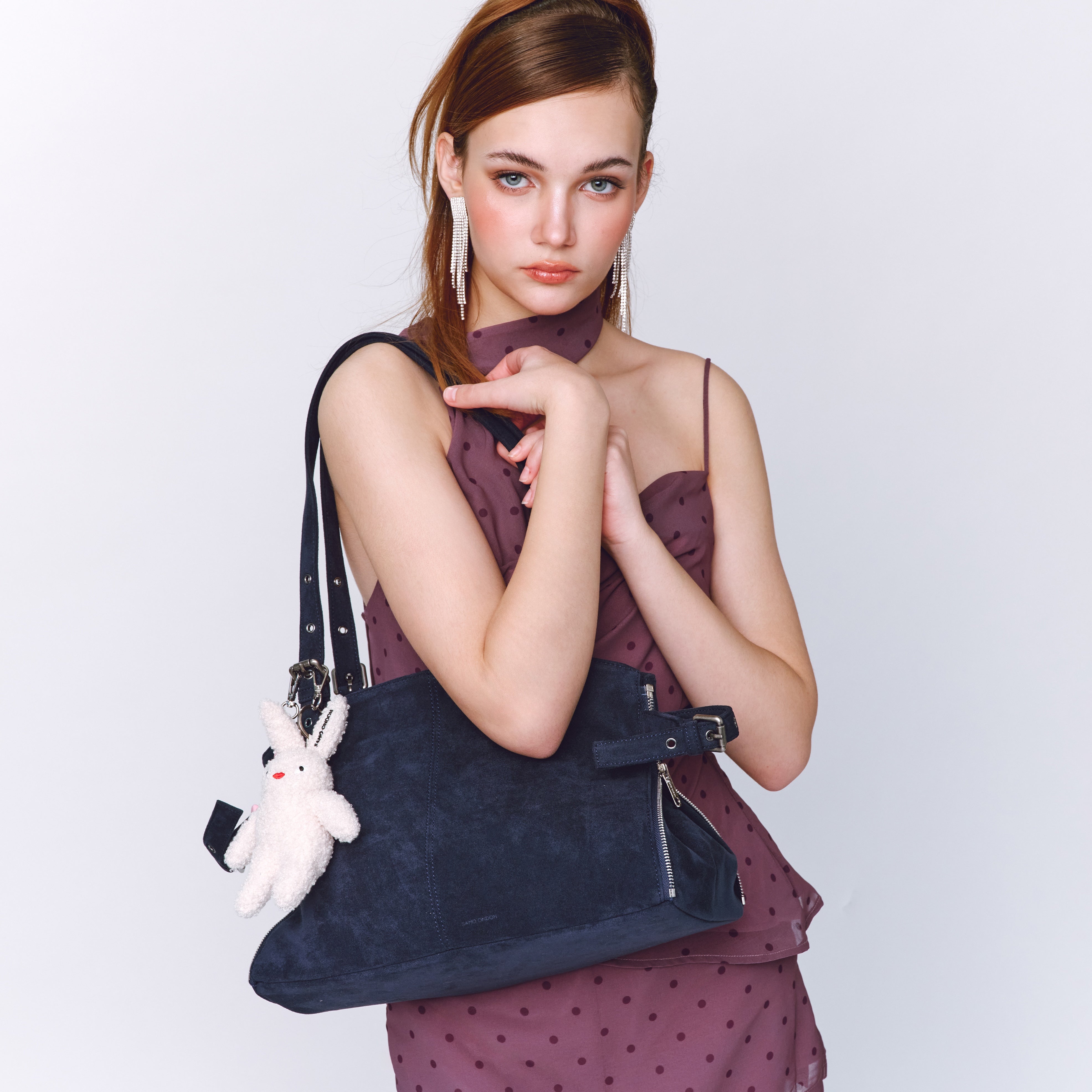 zipper shopper bag M suede navy