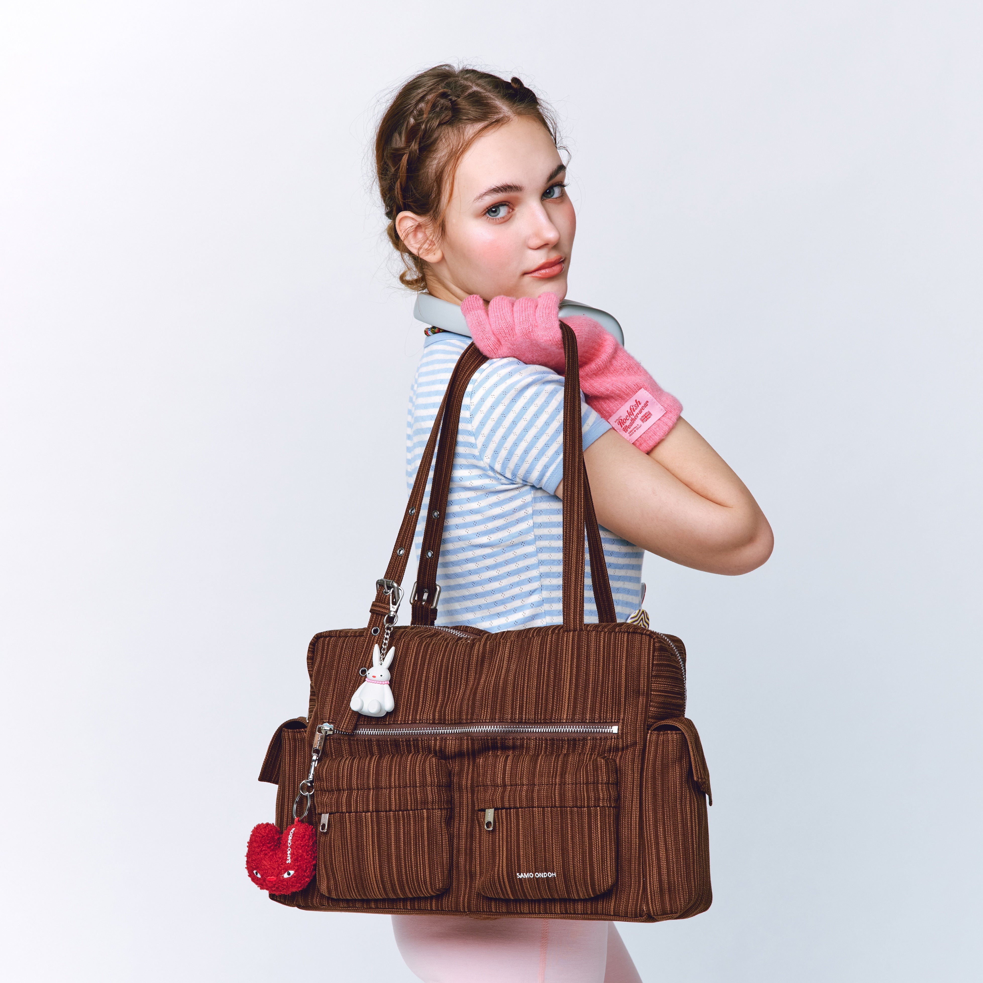 pocket utility bag L stripe brown