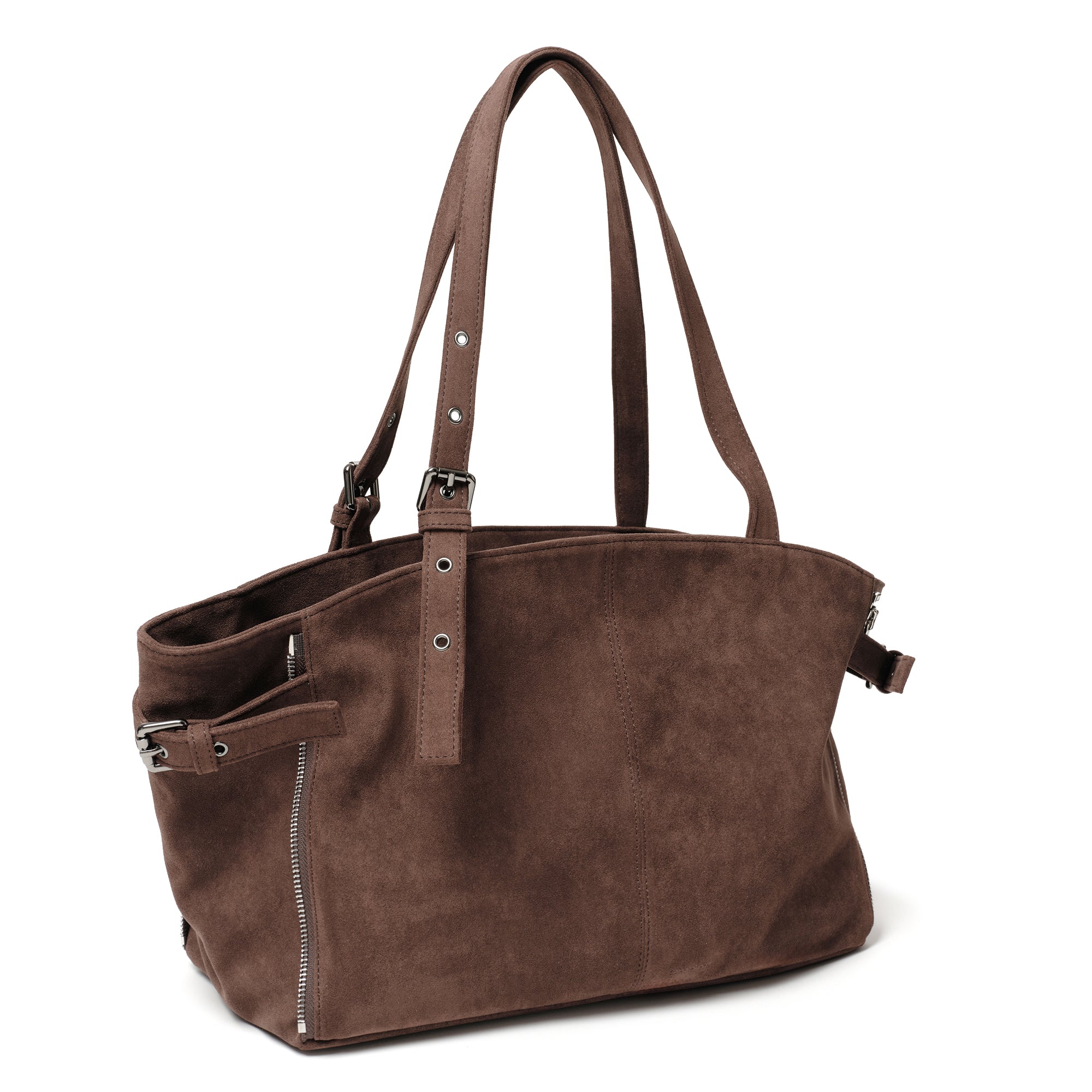 zipper shopper bag M suede brown