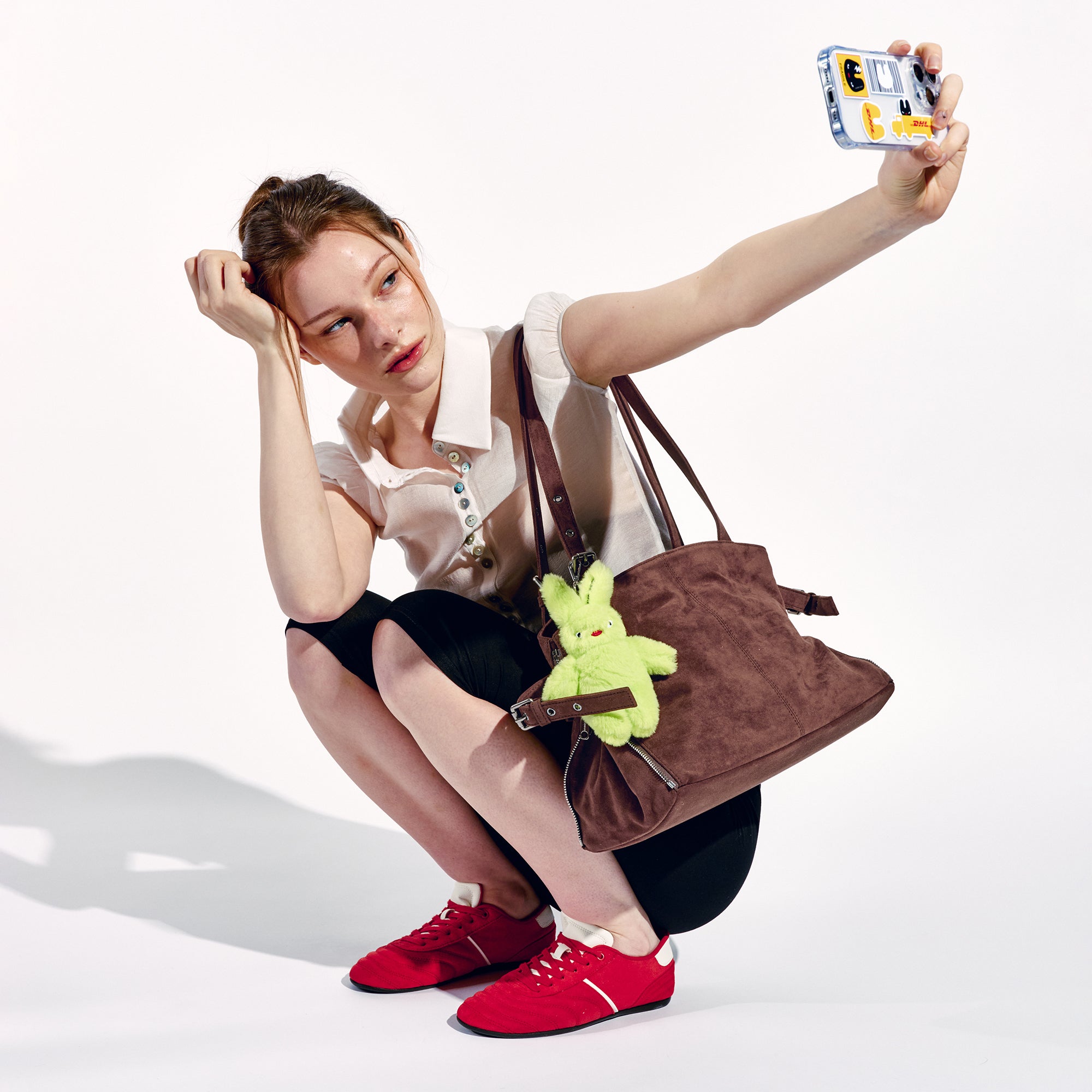 zipper shopper bag M suede brown