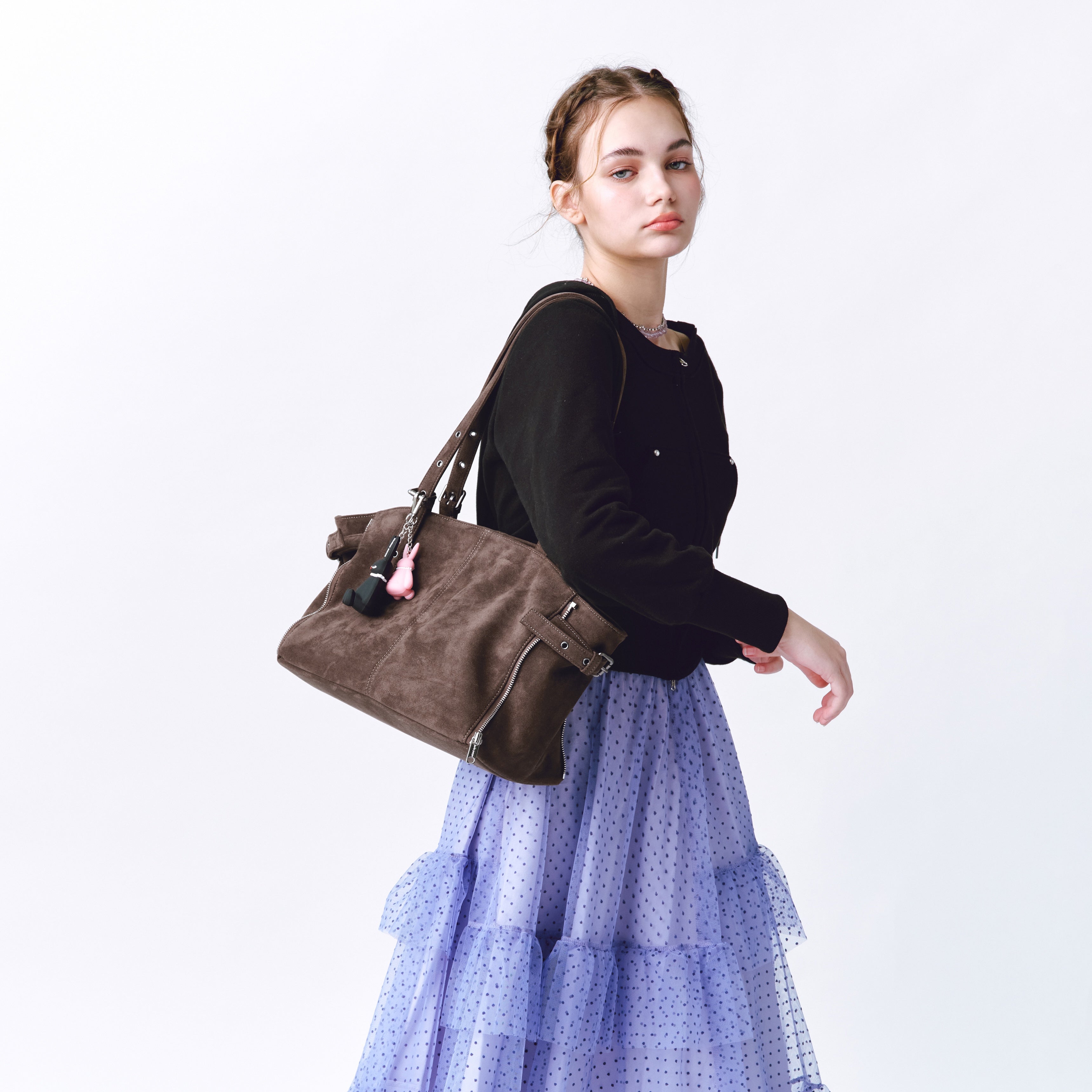 zipper shopper bag M suede khaki gray