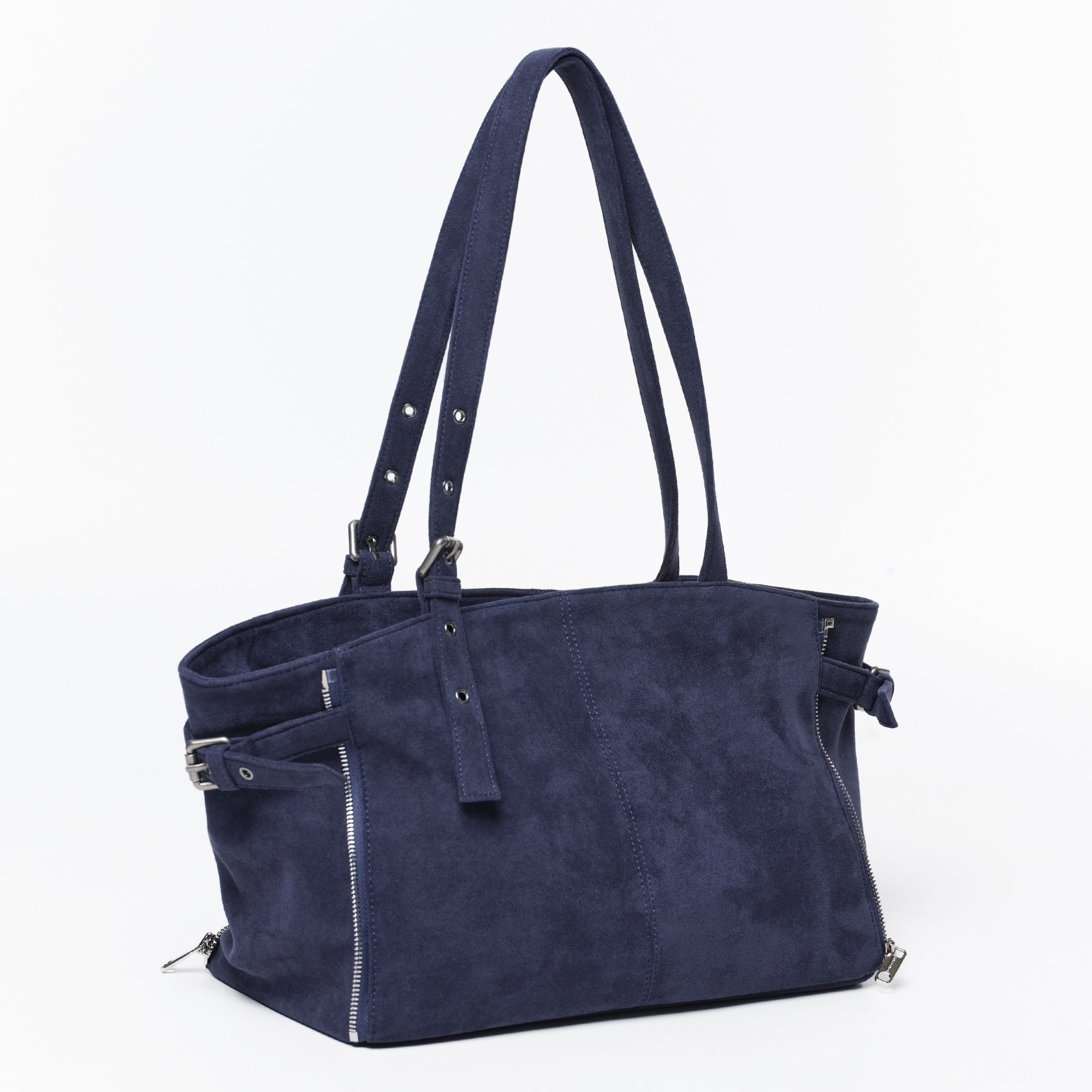 zipper shopper bag M suede navy