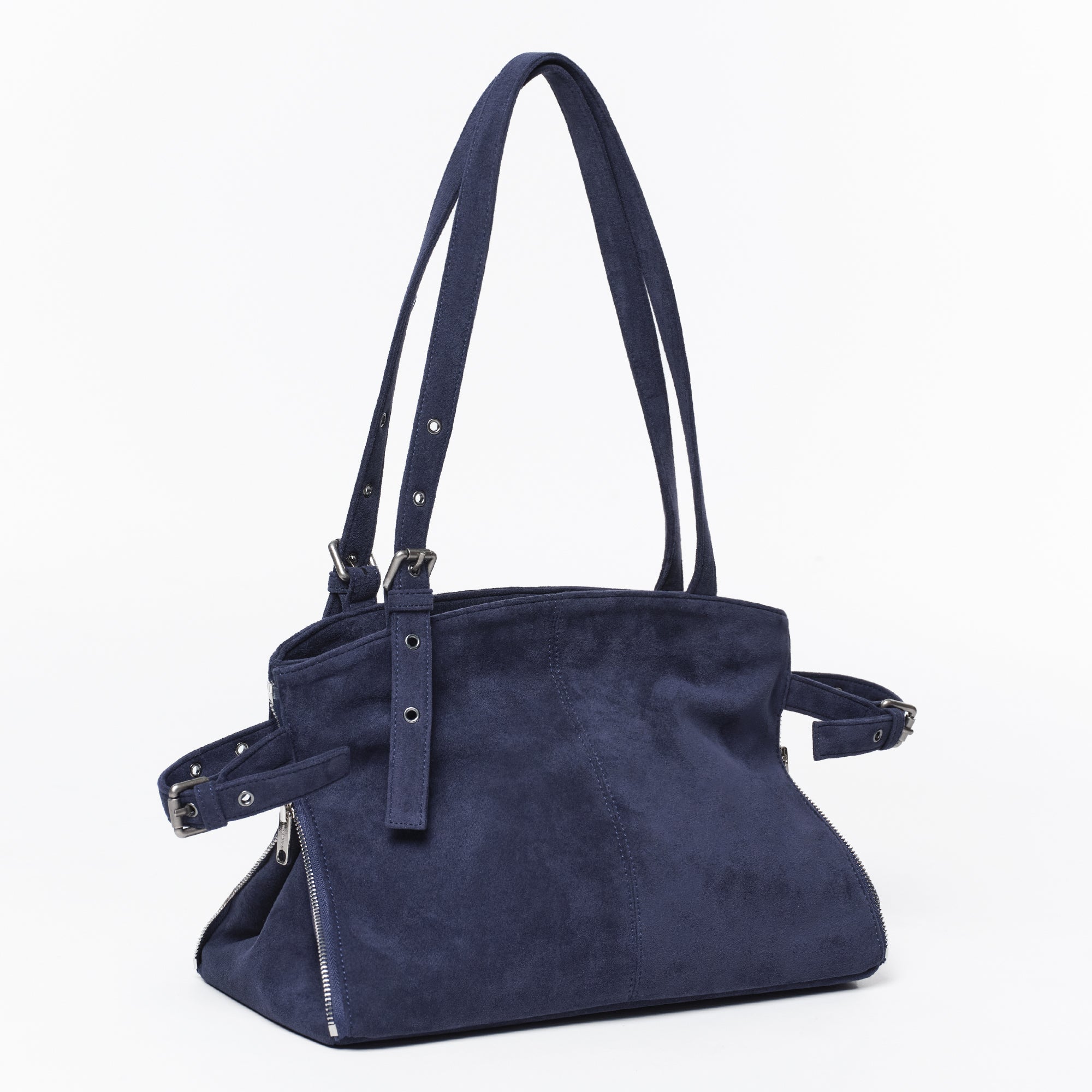zipper shopper bag M suede navy