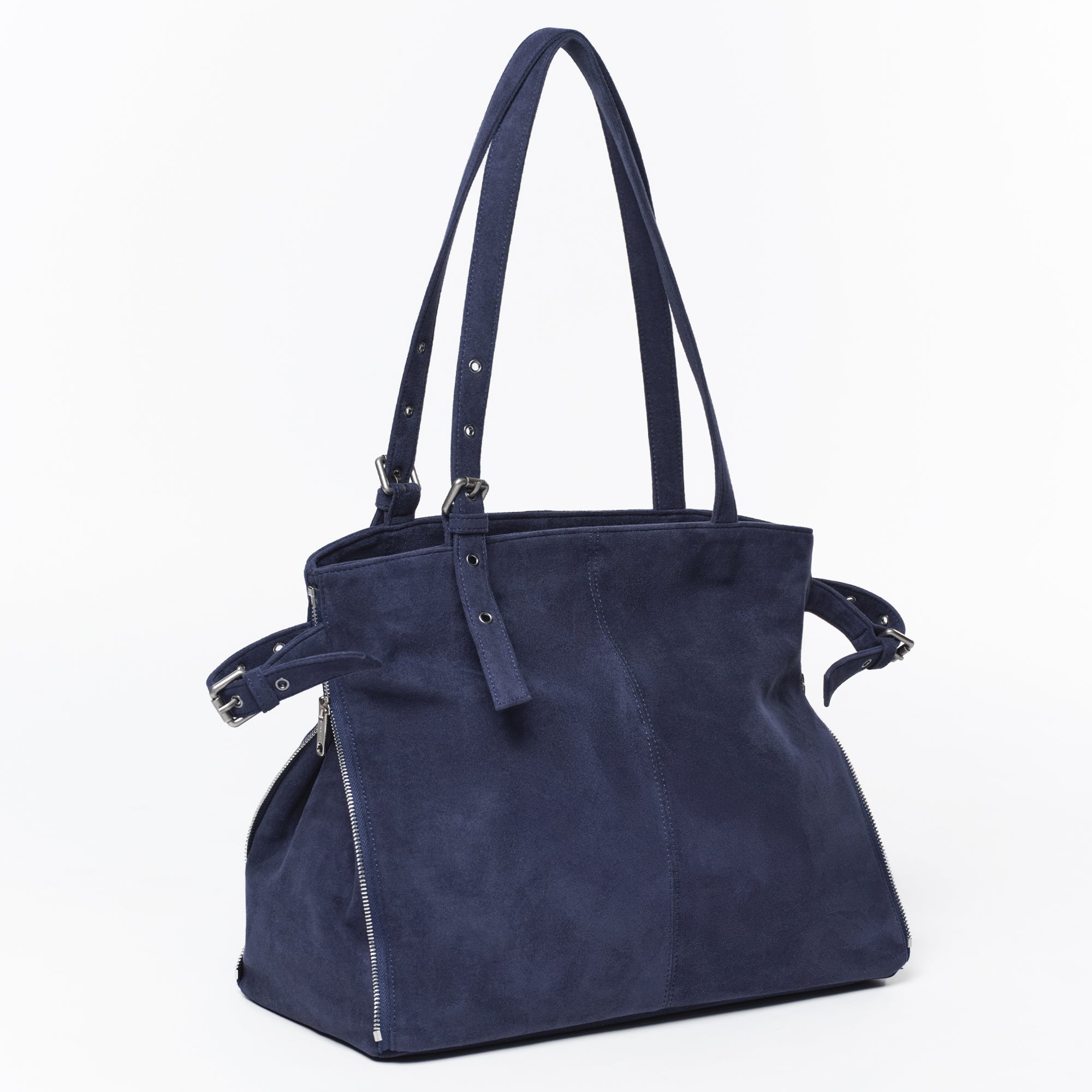 zipper shopper bag L suede navy