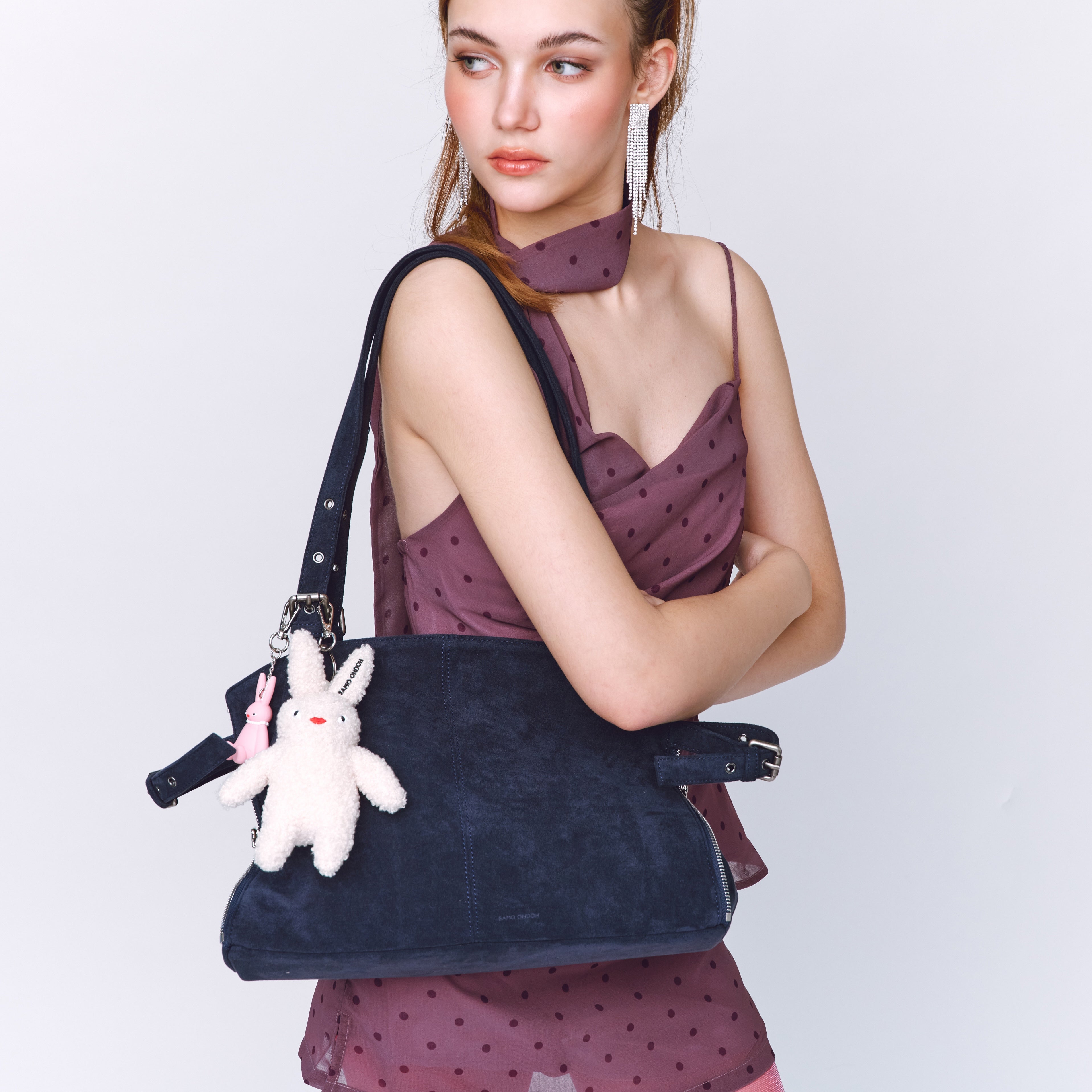 zipper shopper bag M suede navy
