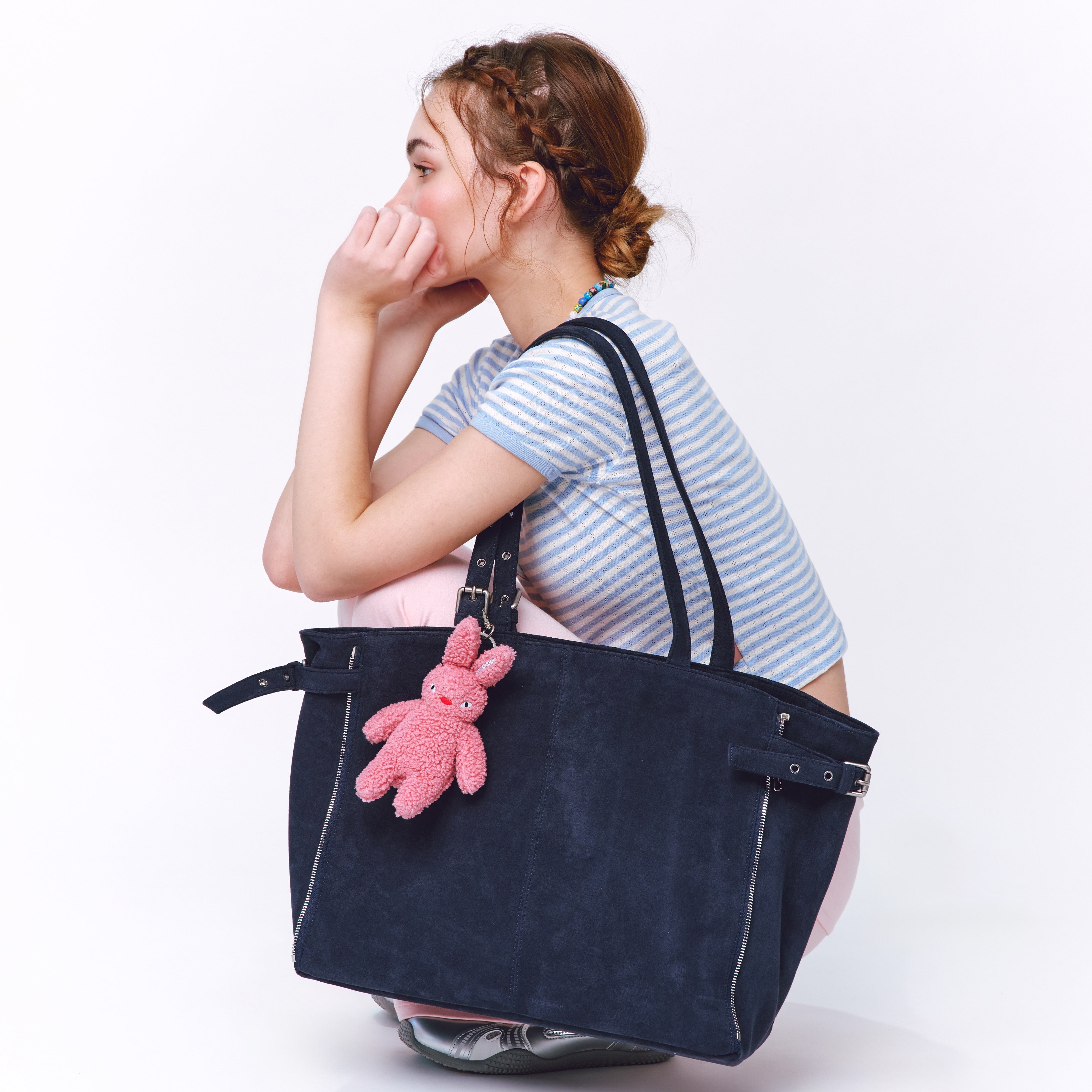 zipper shopper bag L suede navy